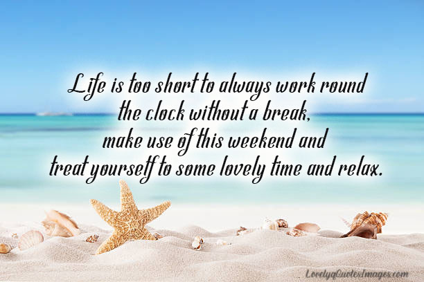 Latest-happy-weekend-greetings concept with sandy beach, shells and starfish.